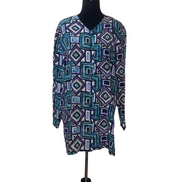 Papell Too colorful geometric print long sleeves silk tunic blouse size 10 - Picture 1 of 7